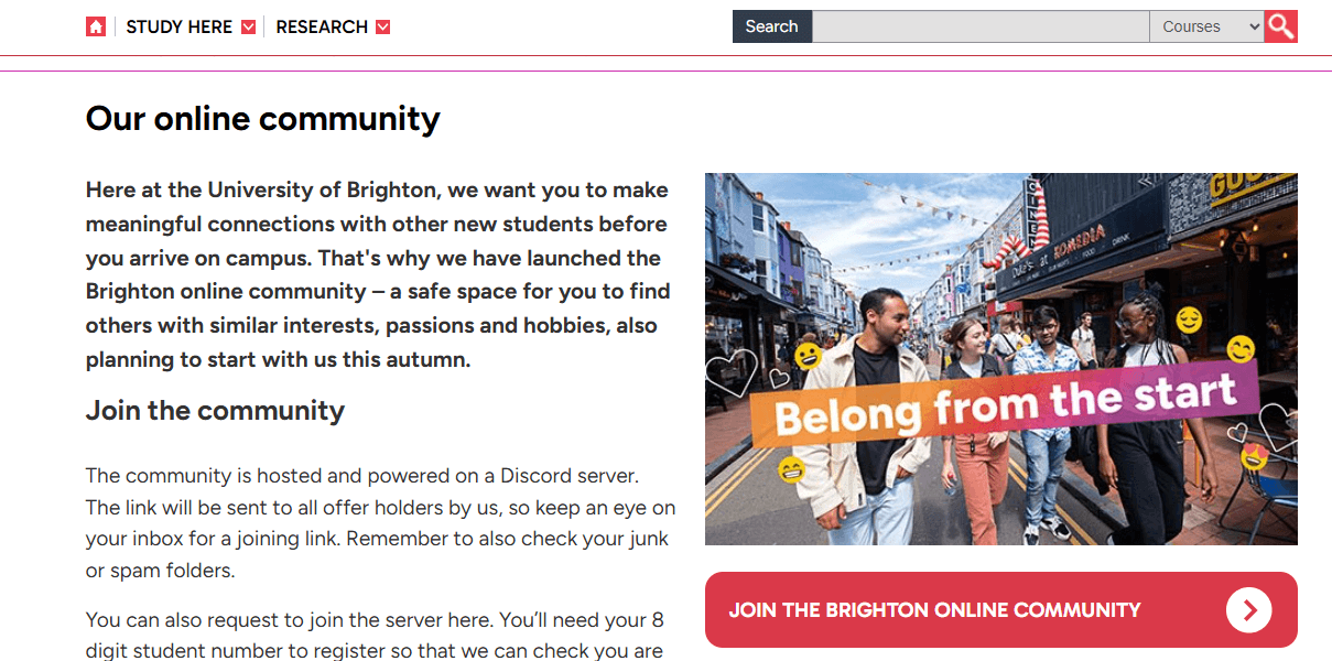 Brighton University’s website where they promote their Discord server 
