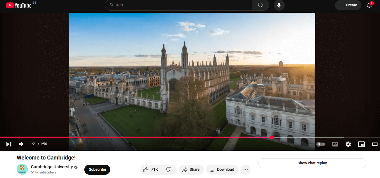 A popular YouTube video from Cambridge University welcoming visitors to its channel 