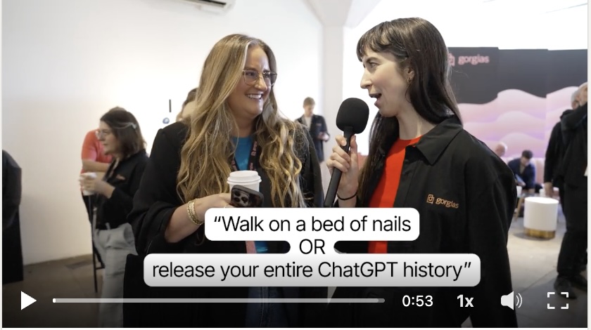 A LinkedIn post from Carmen Vicente that features a viral video she created for Gorgias where she asks people at a conference whether they'd rather release their ChatGPT history or walk on a bed of nails