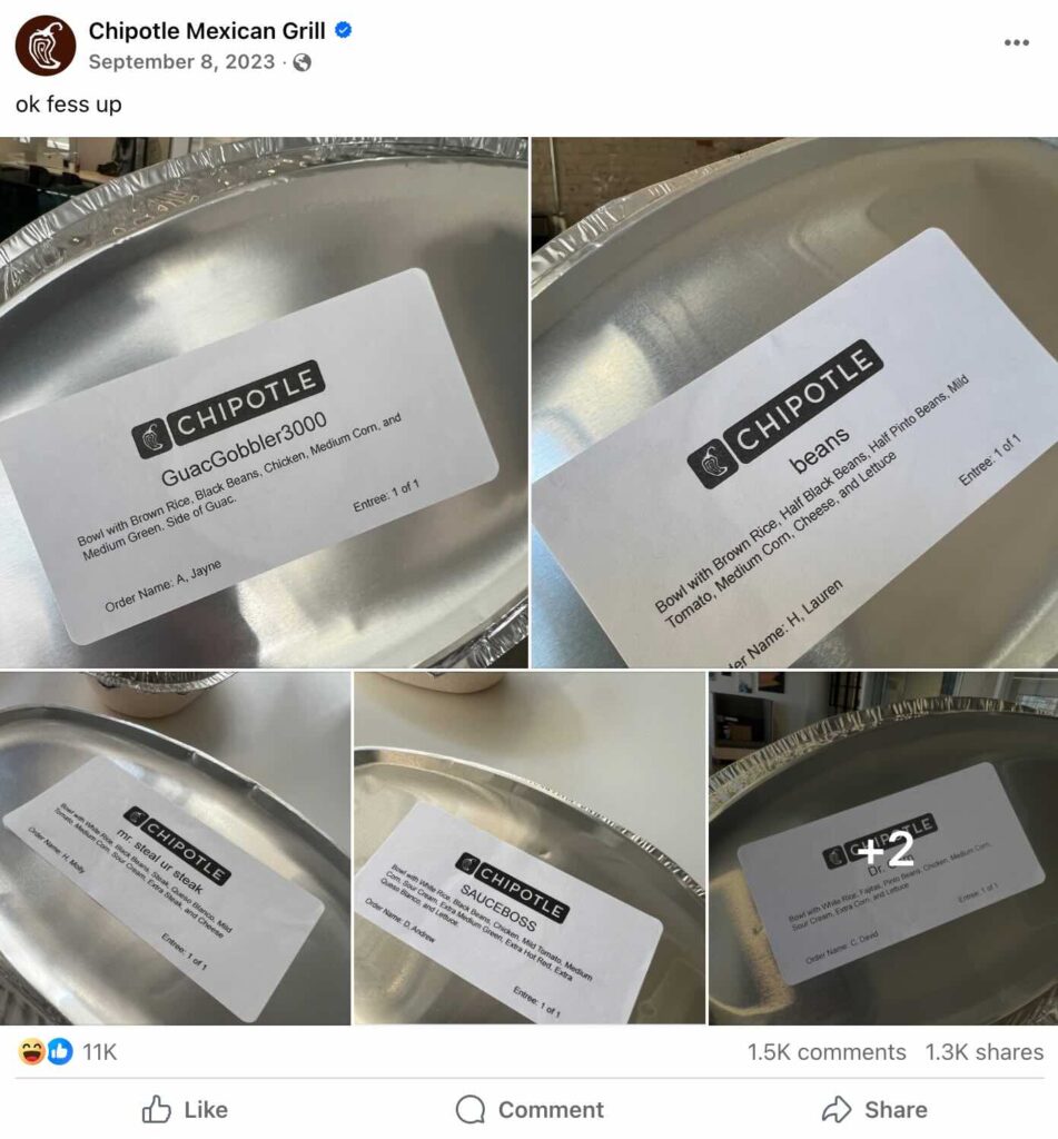 Chipotle Facebook post showing takeout bowls with funny custom order names printed on the labels.