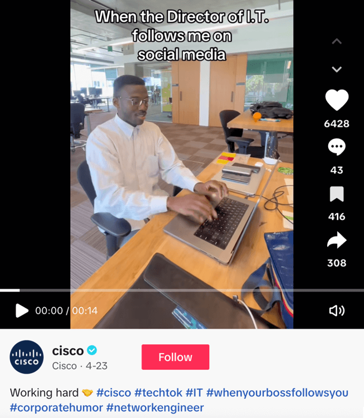 TikTok post from Cisco based on a mix of branded and trending hashtags.