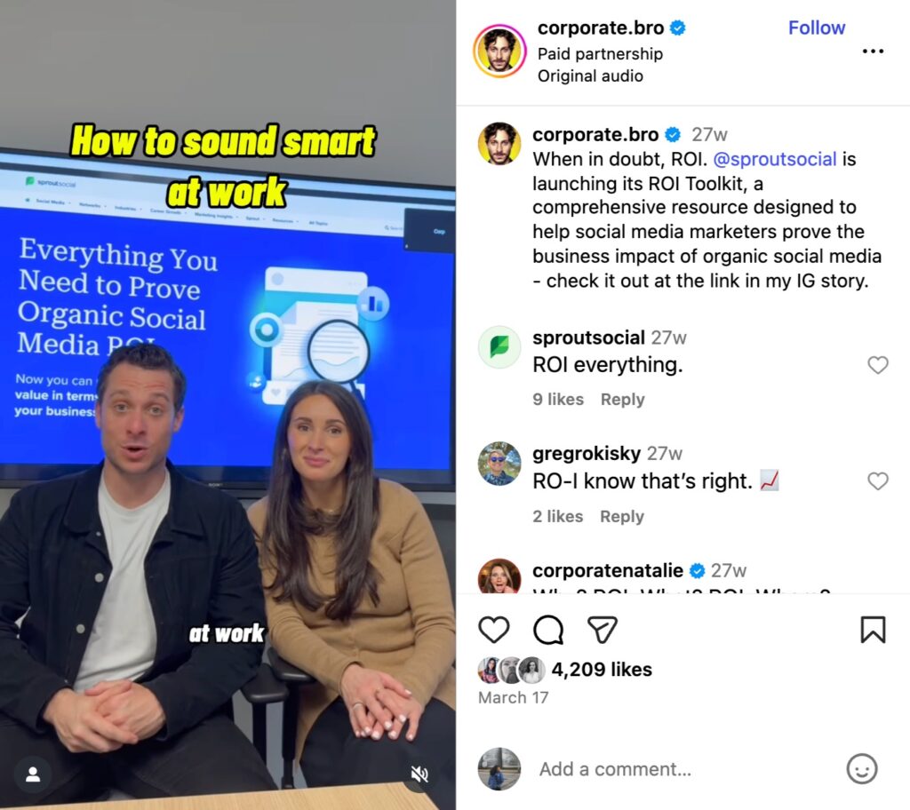 An Instagram Reel from Corporate Bro, sponsored by Sprout Social. 