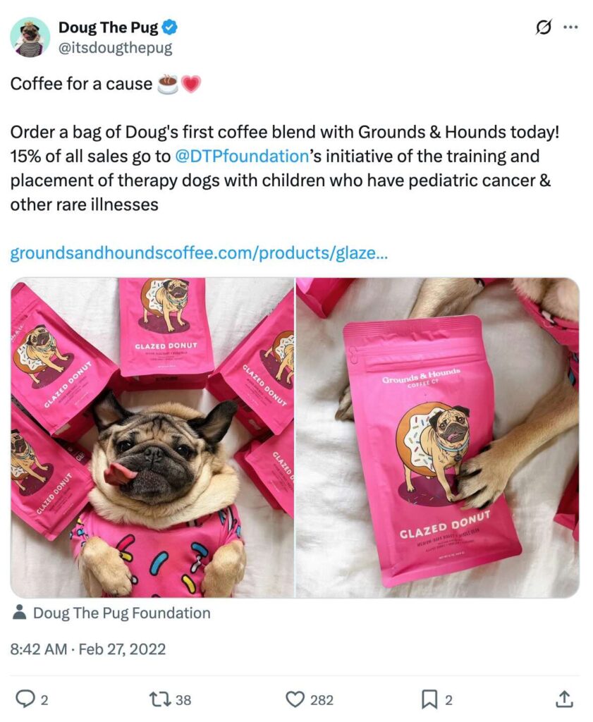 Doug the Pug Twitter post promoting a Grounds & Hounds coffee collab raising money for the Doug the Pub Foundation.