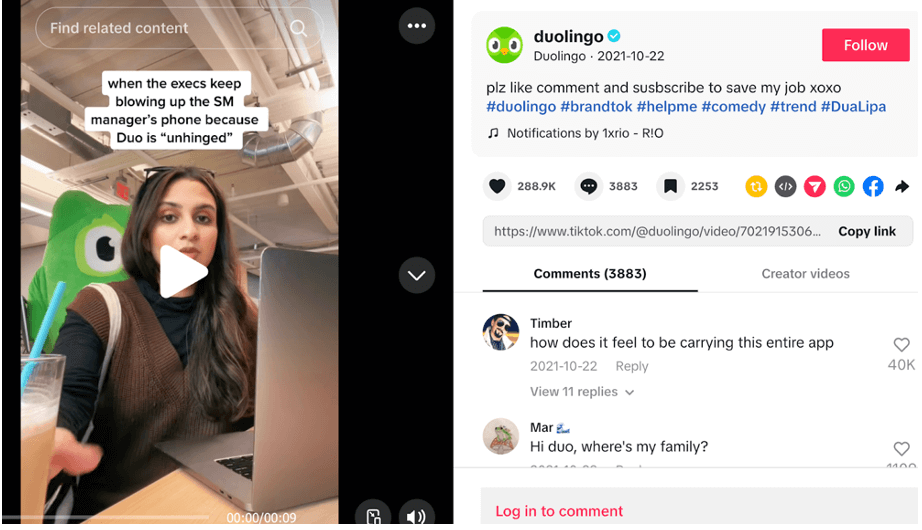 TikTok post from Duolingo that's part of its "uunhinged” campaign featuring the Duolingo Owl.