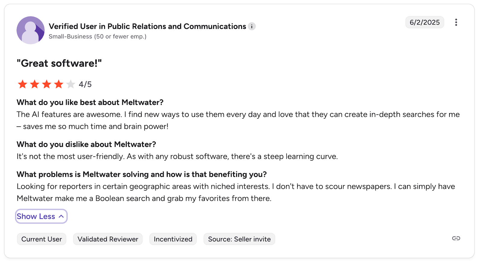 Meltwater review, discussing how it’s not the most user-friendly and there’s a steep learning curve.