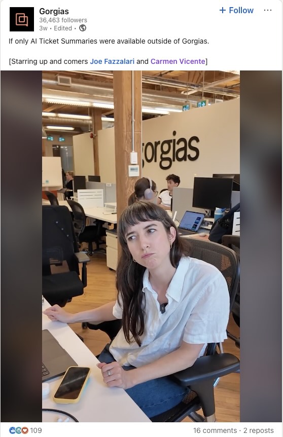 A hilarious LinkedIn post from Gorgias featuring Vicente imagining that AI Ticket Summaries was available outside of the platform to use when a coworker rambles