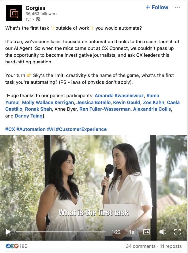 A LinkedIn post from Gorgias where Vicente interviews her colleagues and asks what's the first task they would automate if they could