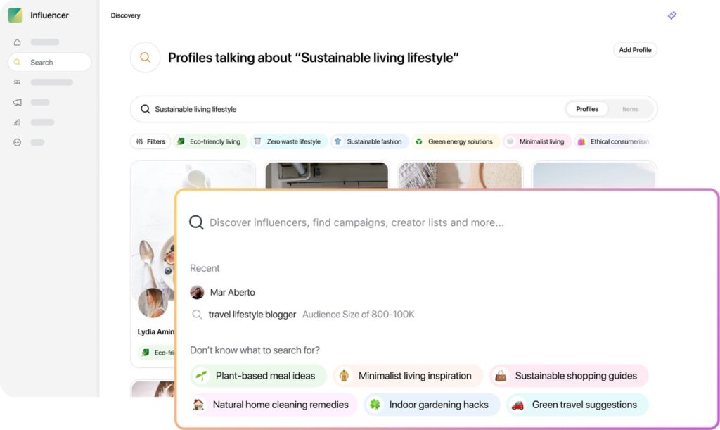 Sprout Social Influencer Marketing's topic-led creator discovery tools. 