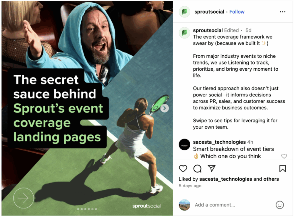 Sprout Social's Instagram post on how social listening informs decisions across PR, sales and customer success.