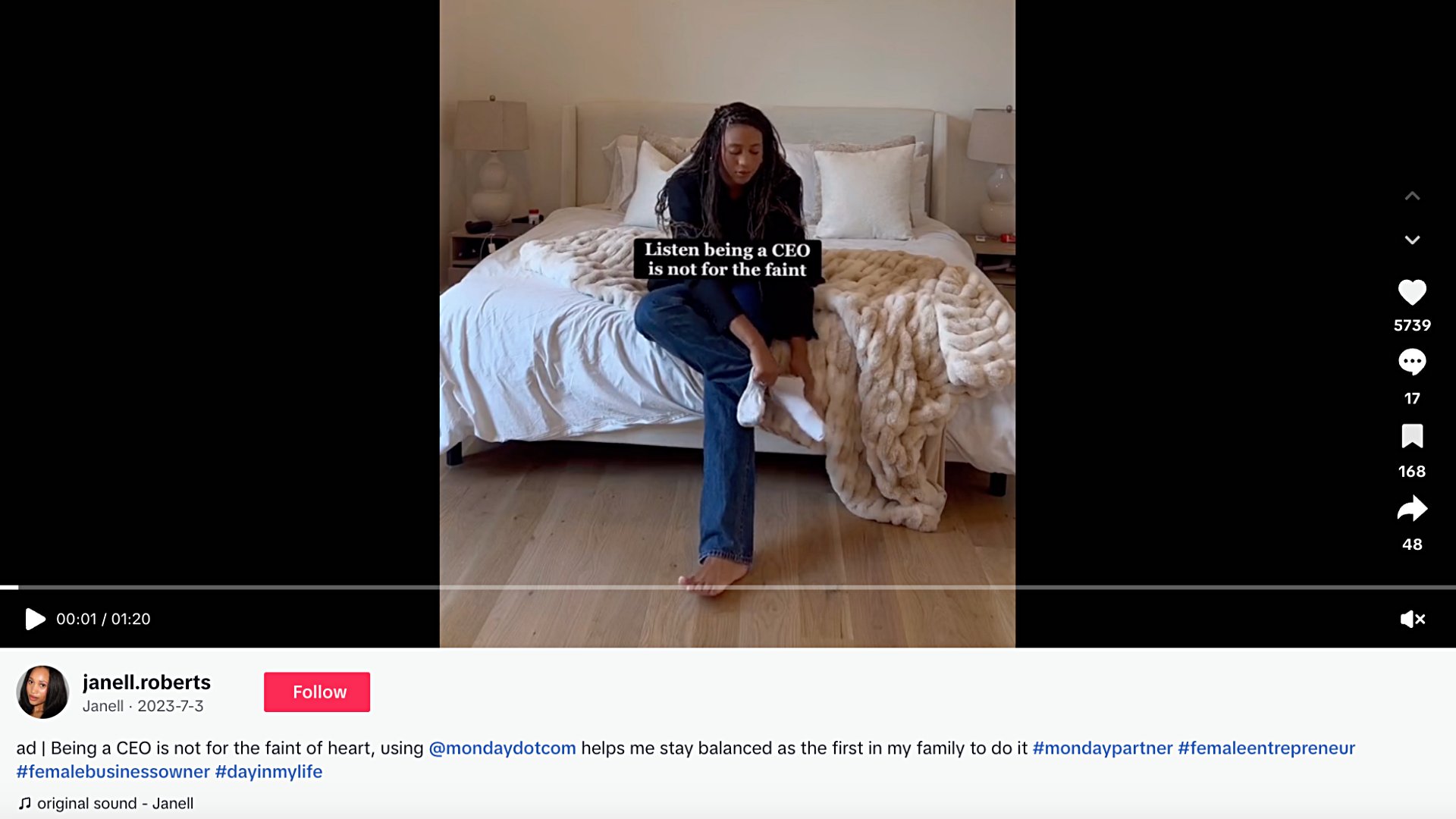 A TikTok video posted by Janell Roberts promoting Monday.com