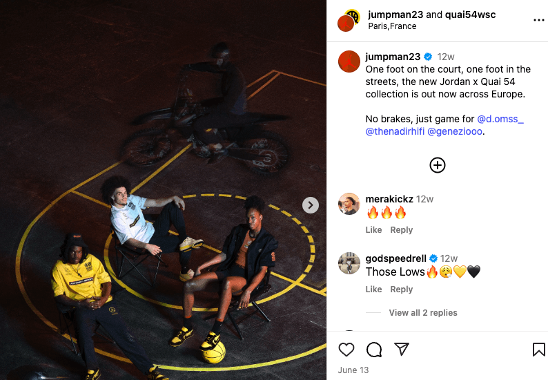 Jordan x Nike Instagram collab post with influencer @quai54wsc featuring a carousel of polished images promoting the Jordan x Quai 54 collection