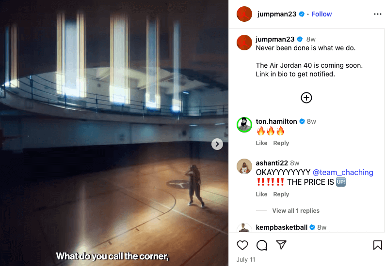 Jordan by Nike Instagram carousel post with videos and images celebrating Air Jordan 40th anniversary.