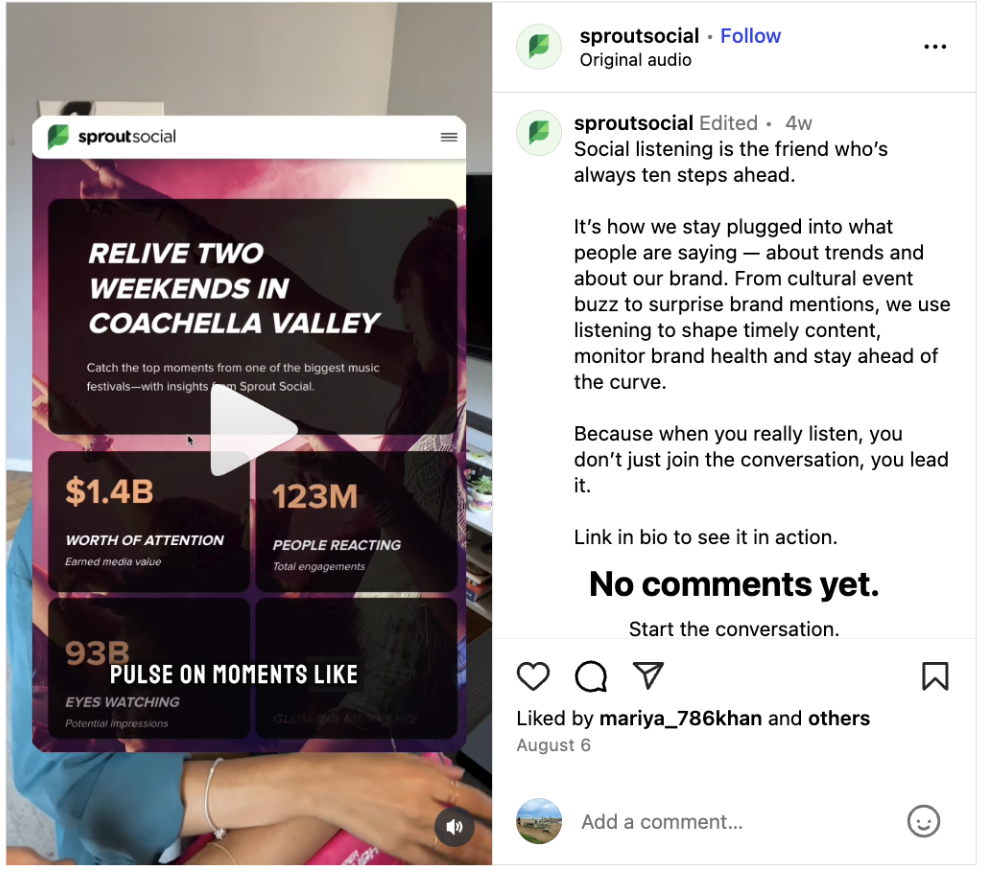 Sprout Social's Instagram post on how social listening enabled setting up trending landing pages on the Sprout marketing website.