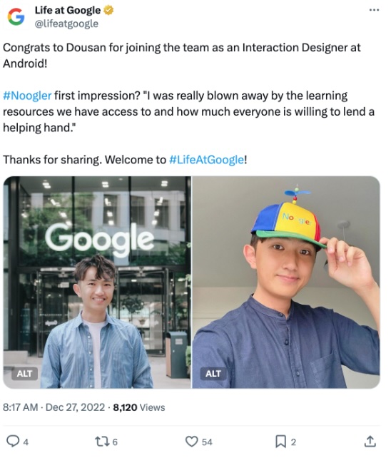 Google X post welcoming Dousan, a new Interaction Designer to the team and sharing his first impression of #LifeAtGoogle.