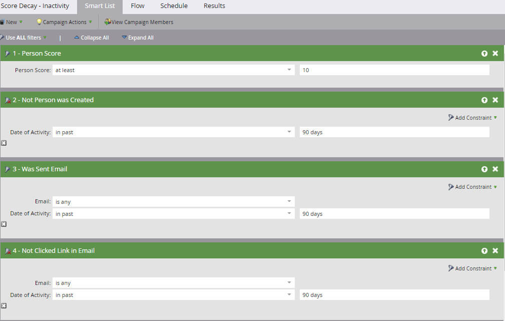 Adobe Marketo Engage’s lead scoring rule setup shows filters for person score, email activity and link clicks within the past 90 days.