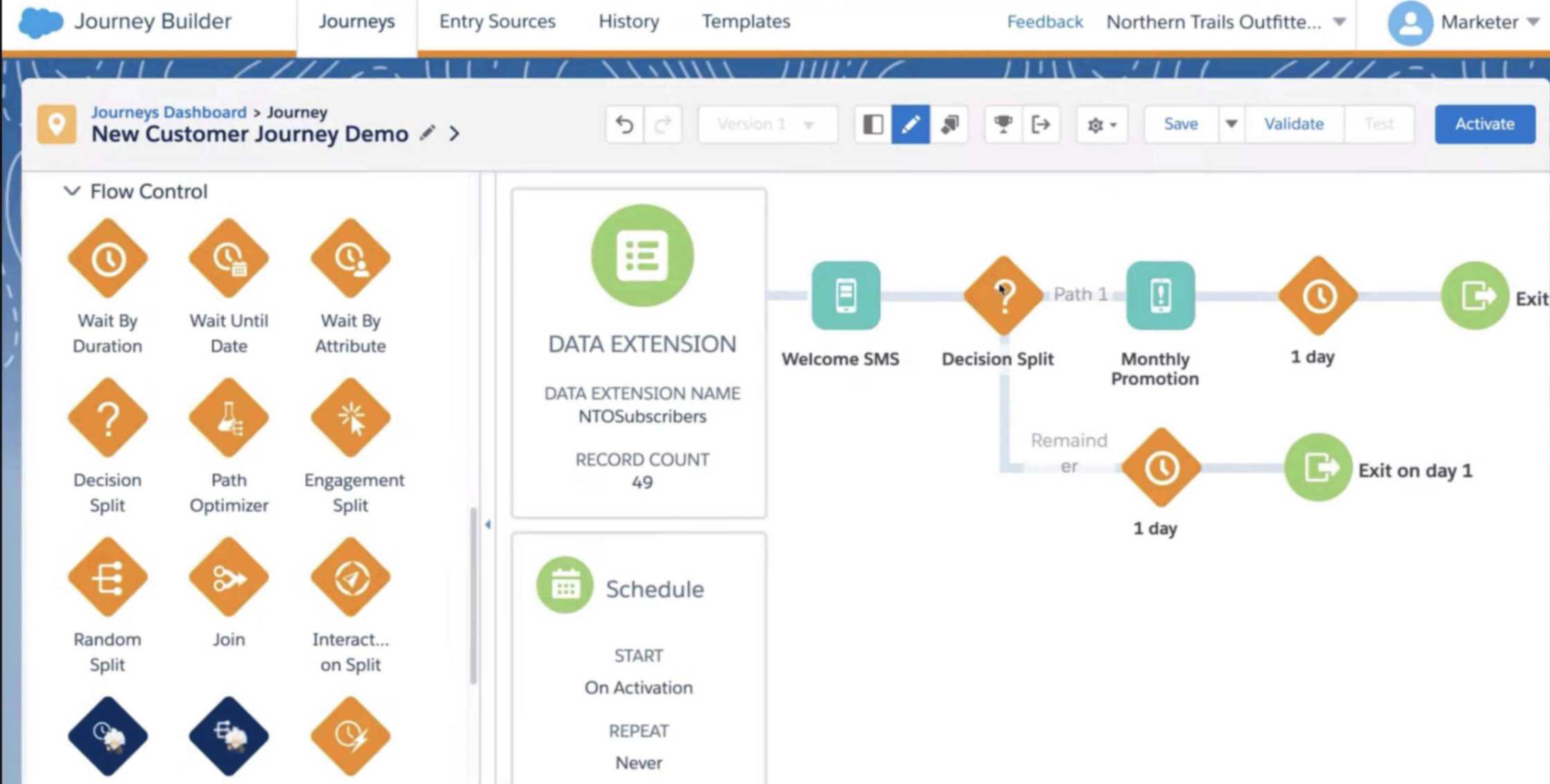 Salesforce Marketing Cloud’s Journey Builder interface showing a customer journey flow with drag-and-drop flow elements.