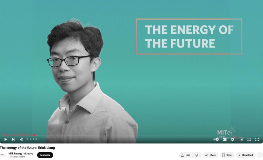A YouTube video from MIT about their energy initiative featuring Erik Liang, nuclear science and engineering physics student