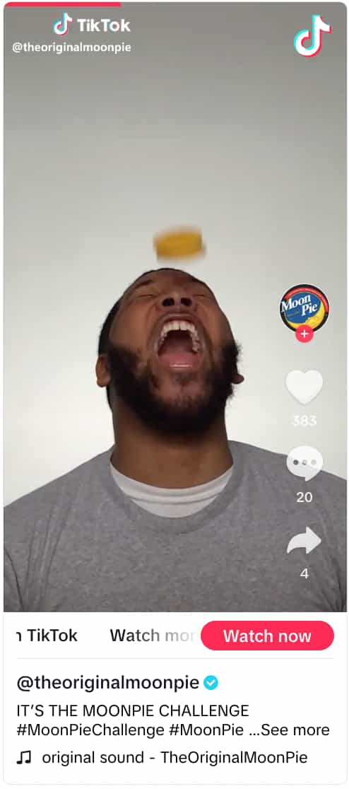 TikTok video from MoonPie showing a person looking up with their mouth open trying to catch a moon pie