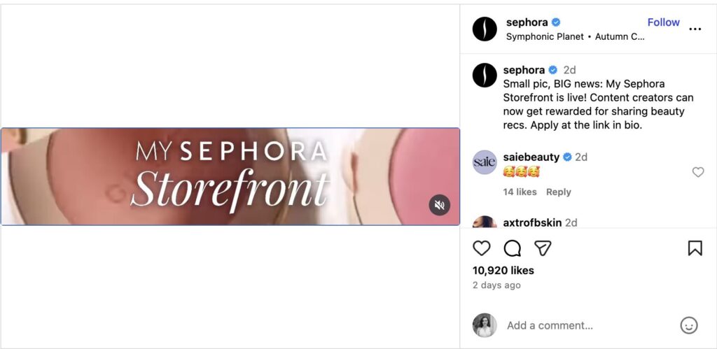 An Instagram Reel from Sephora announcing their new creator storefront 