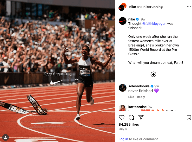 Nike Instagram post with an image of Kaith Kipyegon winning a race and 'keep dreaming' tagline and the Nike logo overlaid on top.