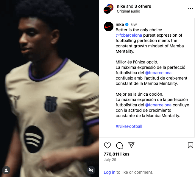 Nike Instagram Reel of FC Barcelona team members playing football against a dark background for Mamba Mentality