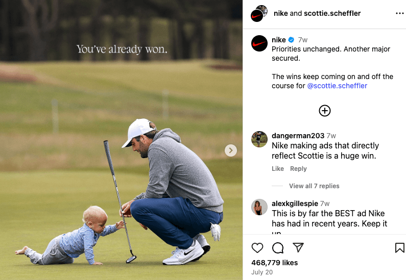 Nike IG collab post with Scottie Scheffler with an image of Scottie and his baby son on the golf course