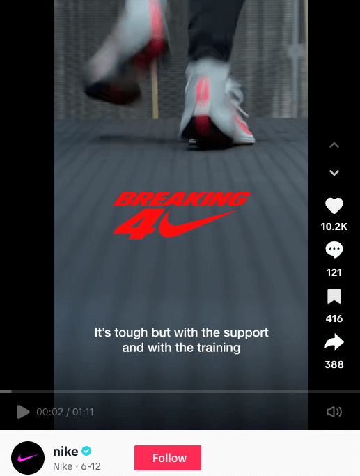 Nike TikTok video about Breaking 4 featuring behind-the-scenes training and preparation for Faith Kipyegon's quest to break the sub-four-minute mile.