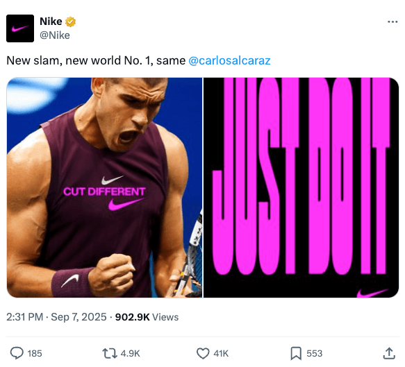 Nike X post with image of Carlos Alcaraz and Just Do It tagline to celebrate his US Open win