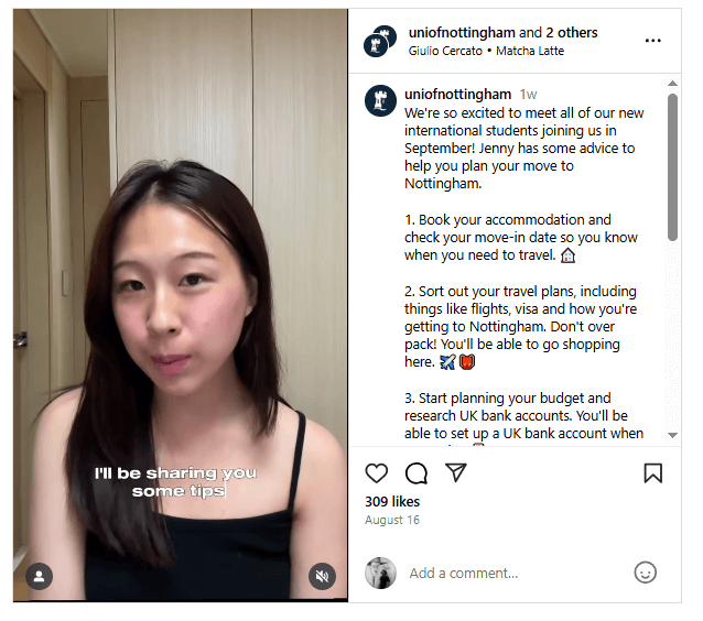 An Instagram post from the University of Nottingham sharing moving advice for its international students