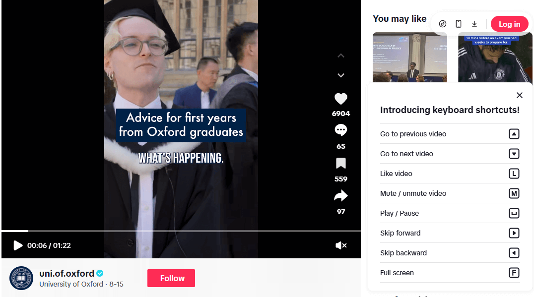 A TikTok post from the University of Oxford sharing graduation thoughts from students