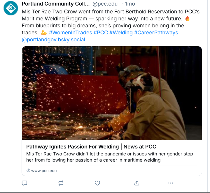 A post on PCC’s Bluesky account about a student in the welding program. 