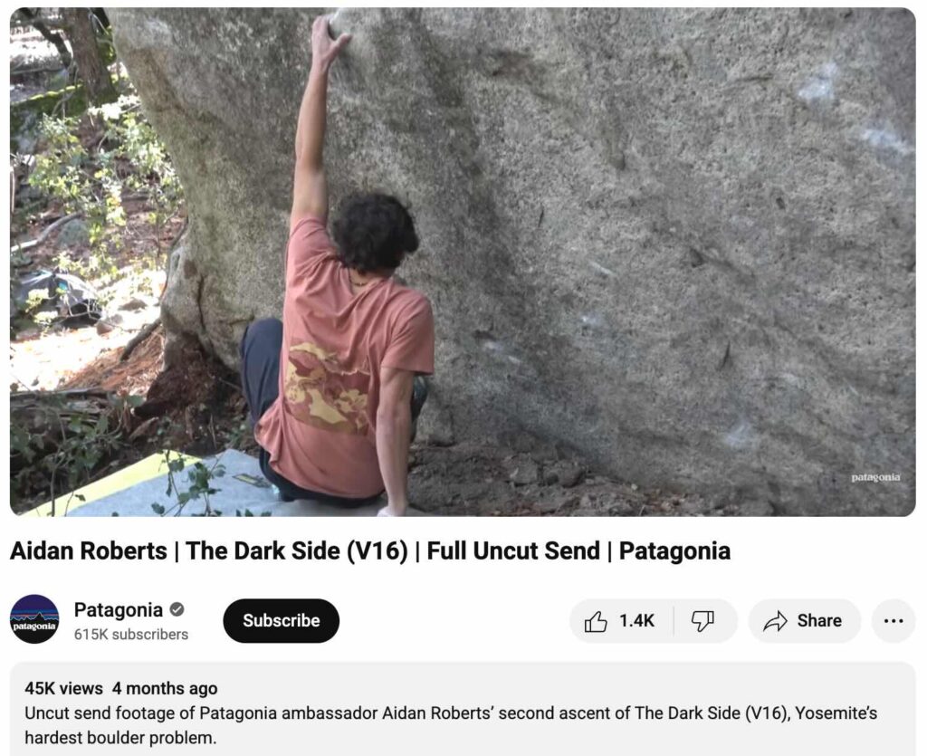 Patagonia video of climber Aidan Roberts attempting a boulder problem on a granite wall in Yosemite.