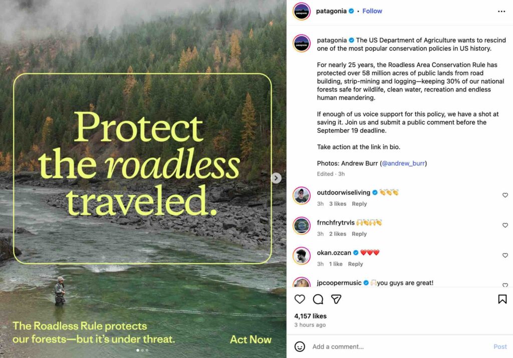 Patagonia Instagram post encouraging followers to submit a public comment in support of The Roadless Area Conservation Rule. 