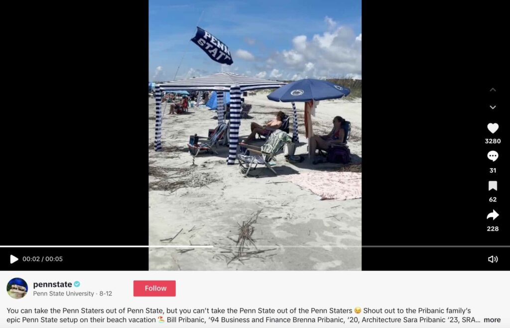A TikTok video from Penn State showing their alumni at the beach donning an incredible amount of the school's swag