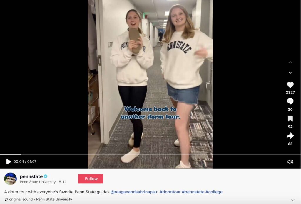 A TikTok video reposted by Penn State that features students giving an informal, lo-fi dorm tour