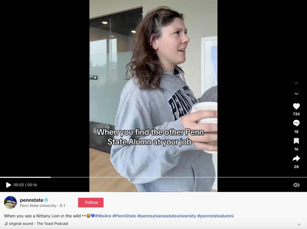 A TikTok from Penn State about the magical feeling of finding out fellow alumni work at your company