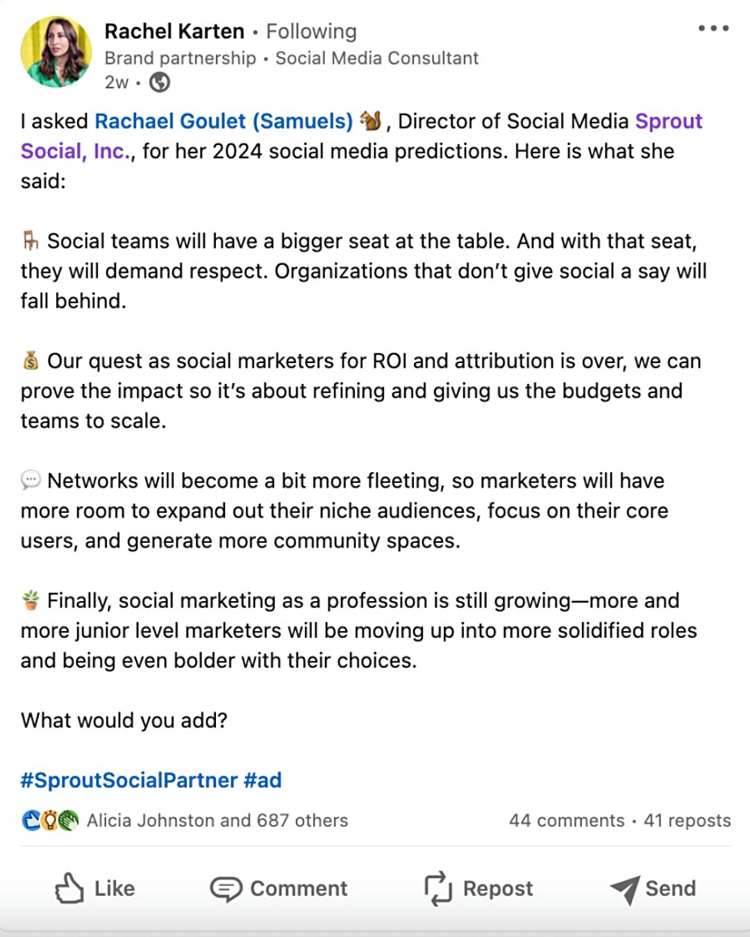 A LinkedIn post from Rachel Karten listing social media predictions from Sprout Social’s director of social media