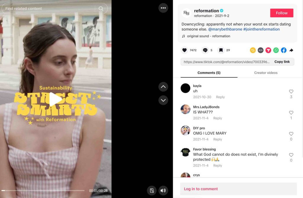 Reformation TikTok video featuring comedian Mary Beth Barone doing street interviews where she asks sustainability-related questions.