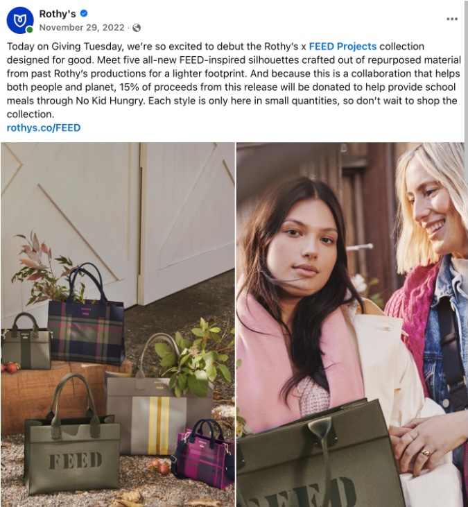 Rothy’s Facebook post launching its line of tote bags in collaboration with FEED Projects.
