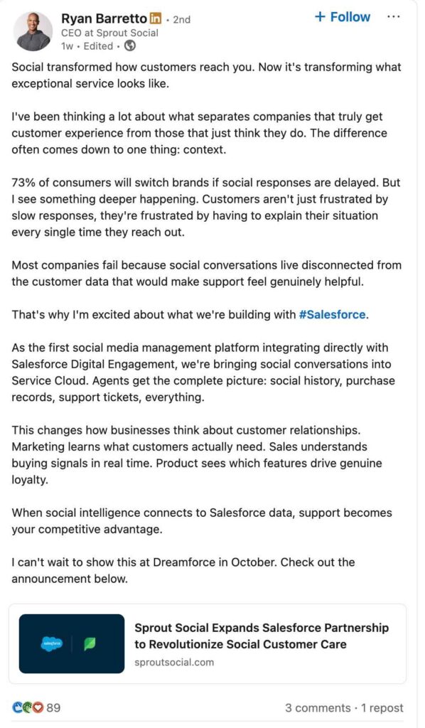 LinkedIn post from Sprout’s CEO announcing an expansion of Sprout’s partnership with Salesforce that will give agents more context and improve customer experience.