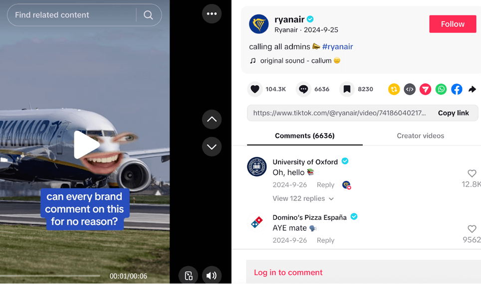 A TikTok post from RyanAir. The brand uses memes and bold, self-deprecating humour that have made it popular with audiences and customers alike.