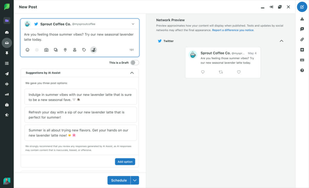 A screenshot of Sprout's AI Assist feature where three copy suggestions have been generated by AI.