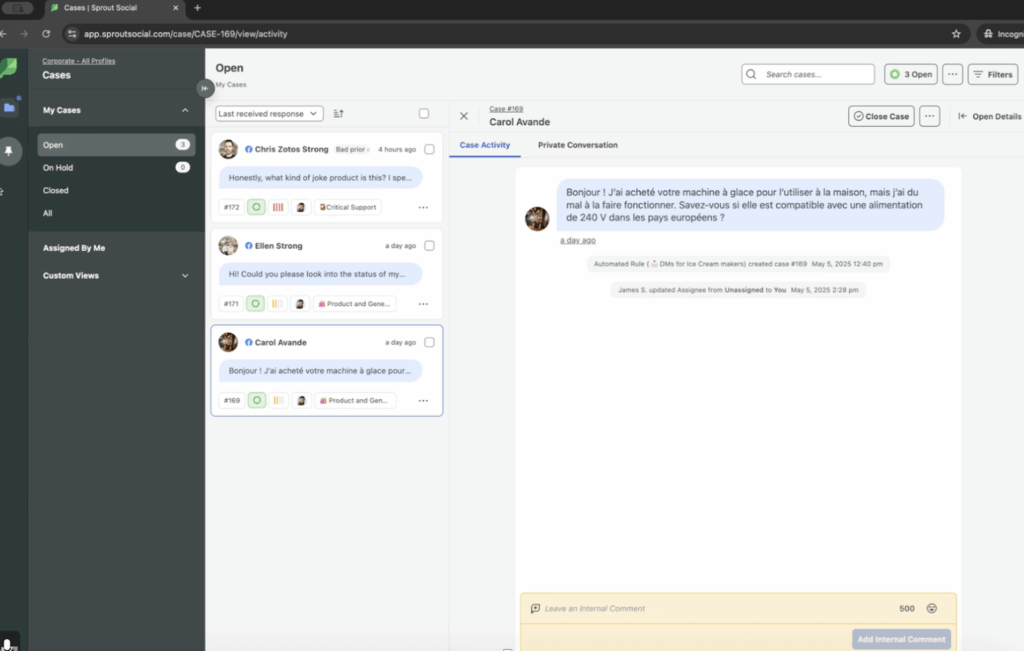 Sprout Social’s Customer Care solution showing an open case queue and the selected customer conversation thread in one dashboard.