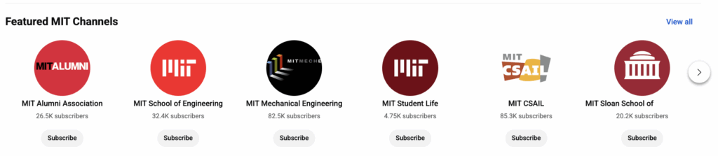All of MIT's affiliated YouTube channels linked on their main page