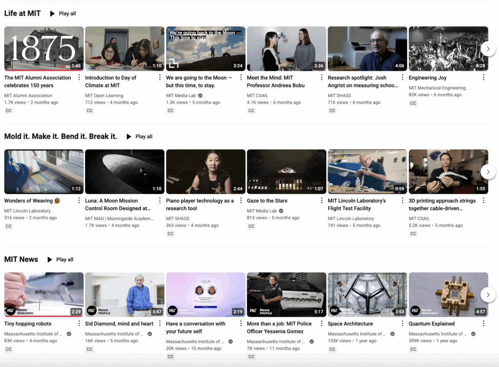 MIT's YouTube page which is sorted by categories like Life at MIT and MIT News