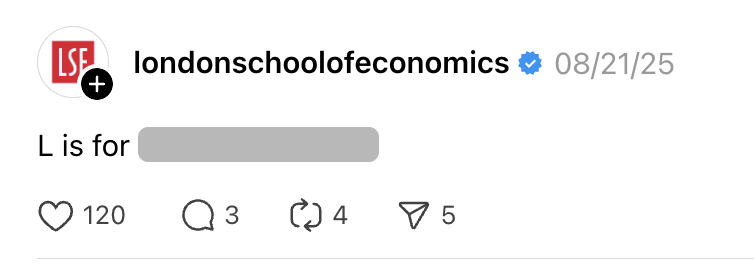 An LSE Threads post that reads L is for LSE is the best