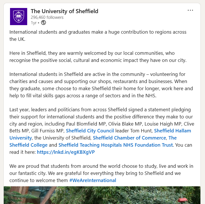 The University of Sheffield’s LinkedIn promoting their #Weareinternational messaging 