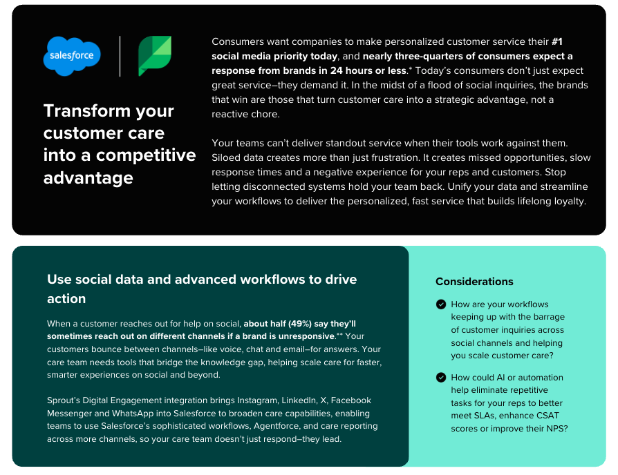 A snippet of a tip sheet for Sprout Social's upcoming Digital Engagement integration and what it can do for your brand's customer care