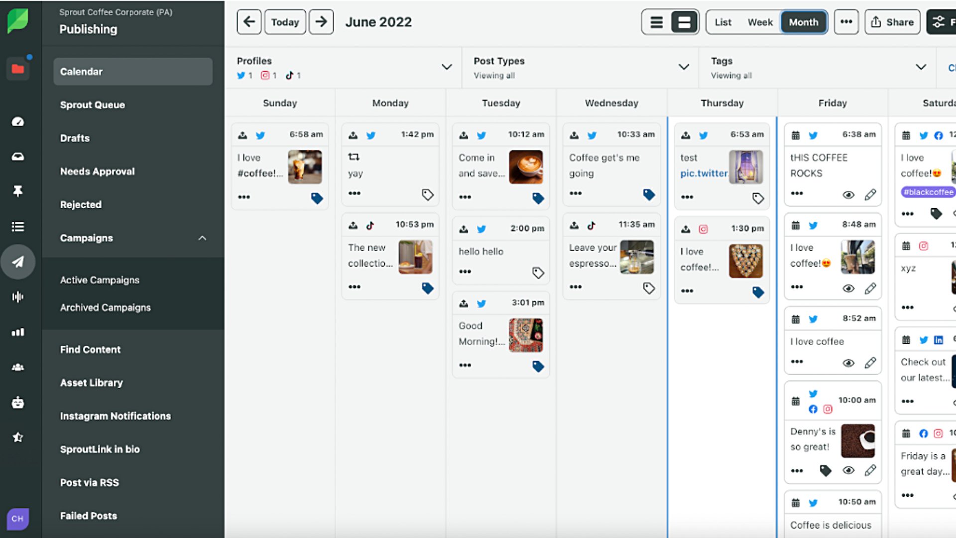 Sprout Coffee Co.’s publishing calendar for June 2022 with scheduled social network posts, including TikTok and Facebook