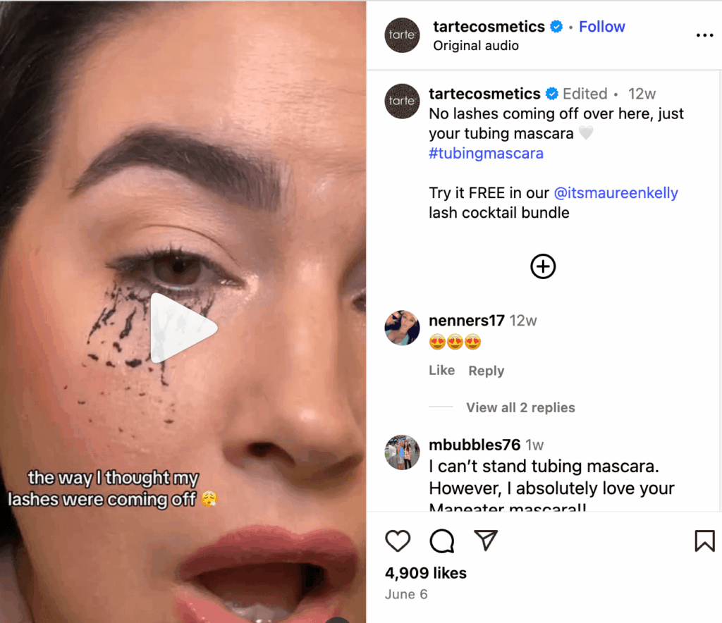 Instagram Reel from Tarte Cosmetics showcasing tubing mascara